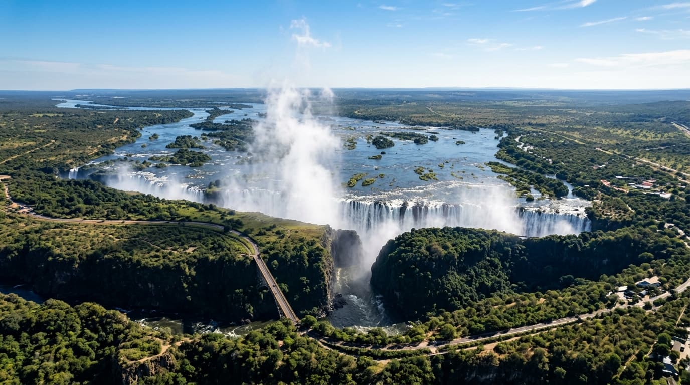 Victoria Falls aerial view, symbol of Zimbabwe-Zambia regional cross-border connectivity